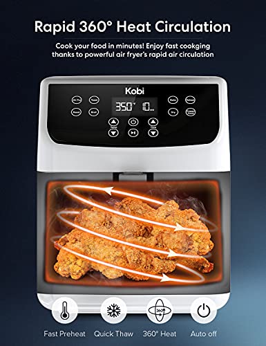 Kobi Air Fryer, XL 5.8 Quart,1700-Watt Electric Hot Air Fryers Oven & Oilless Cooker, LED Display, 8 Preset Programs, Shake Reminder, Roasting, Nonstick Basket, ETL Listed (100 Recipes Book) (White)