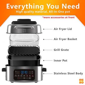 OHHO - Stainless Steel 7-In-1 Air Fryer Grill 6.5QT Combo with Digital One Touch Control System: Air Fry, Broil, Roast, Bake, Low-Grill, Mid-Grill, High-Grill. Included a Deluxe Accessories Kit with 200+ Digital Recipes (6L - Air Fryer and Grill)