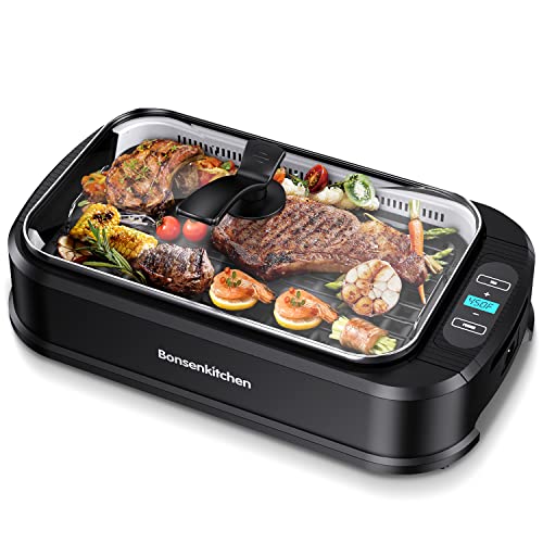Smokeless Indoor Grill, Bonsenkitchen Electric Grill Indoor with Tempered Glass Lid, Removable Non-Stick Grill & Griddle Plates, LED Smart Temperature Control, Smoke Free Design, 1500W (Blcak)