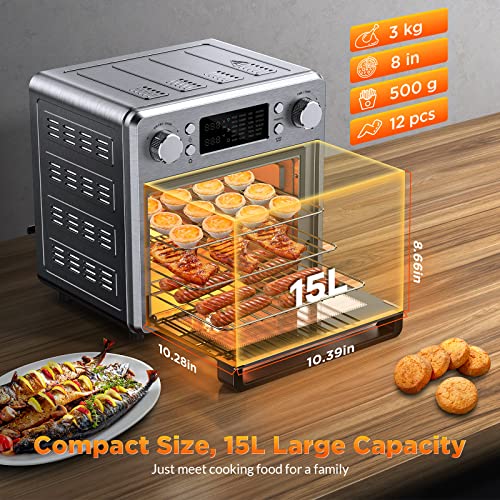 Air Fryer Toaster Oven Combo Countertop Convection Ovens - 24-in-1 Air fry, Bake, Broil, Toast, Roast, Dehydrate, Defrost and More Functions, 15L Capacity, 10 Accessories, LCD Display, Stainless Steel