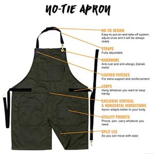 Under NY Sky No-Tie Moss Green Apron – Durable Twill with Leather Reinforcement and Split-Leg – Adjustable for Men, Women – Pro Barber, Tattoo, Barista, Bartender, Baker, Hair Stylist, Server Apron