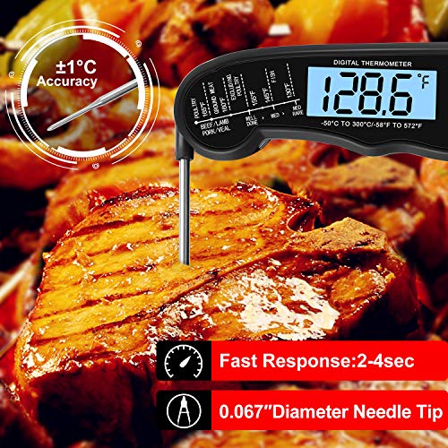 KULUNER TP-01 Waterproof Digital Instant Read Meat Thermometer with 4.6” Folding Probe Backlight & Calibration Function for Cooking Food Candy, BBQ Grill, Liquids,Beef(Black)