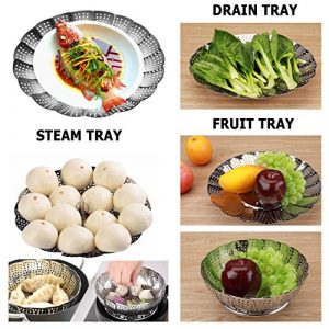 Flexzion Stainless Steel Vegetable Steamer Basket - Expandable Round Folding Collapsible Tray Kitchen Tool Fits Instant Pot Electric Pressure Cooker for Cooking Foods Pasta Seafood 5.5
