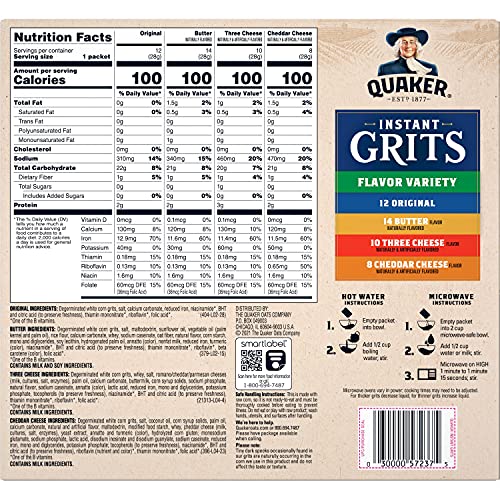 Quaker Instant Grits, 4 Flavor Variety Pack, 0.98oz Packets (44 Pack)
