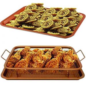 Copper Crisper Tray Nonstick Bakeware Set with Air Fryer Pan and Baking Sheet for Oven 2-Piece Set Rectangle Baking Pan