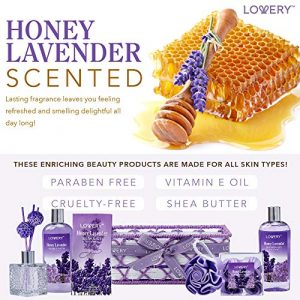 Mothers Day Gifts, Bath and Body Gift Basket For Women and Men, Honey Lavender Home Spa Set with Essential Oil Diffuser, Soap Flowers, Bath Salts, Bubble Bath and More - 13 Piece Set, Presents for Mom