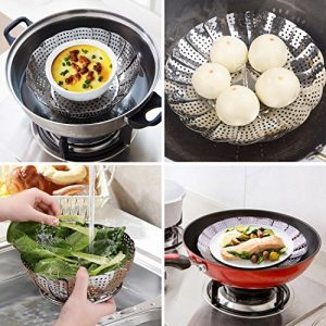 Flexzion Stainless Steel Vegetable Steamer Basket - Expandable Round Folding Collapsible Tray Kitchen Tool Fits Instant Pot Electric Pressure Cooker for Cooking Foods Pasta Seafood 5.5