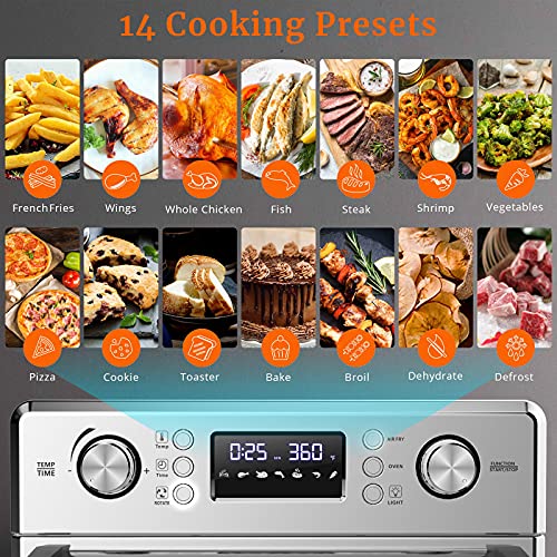 Kitcher 26.5QT Air Fryer Oven, Countertop Toaster Oven 6 Slice Convection Ovens with 77 Recipes 5 Accessories 14 Presets for Bake, Air Fry, Roast,Toast, Pizza, Dehydrate, Stainless Steel Silver