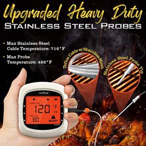 NutriChef Upgraded Stainless Dual Wireless BBQ Thermometer, 6 Temperature Probes-Smoking Meat Accessories Smart Bluetooth WiFi App Digital Temp Controller for Cooking, Grilling, Oven, Smoker, White