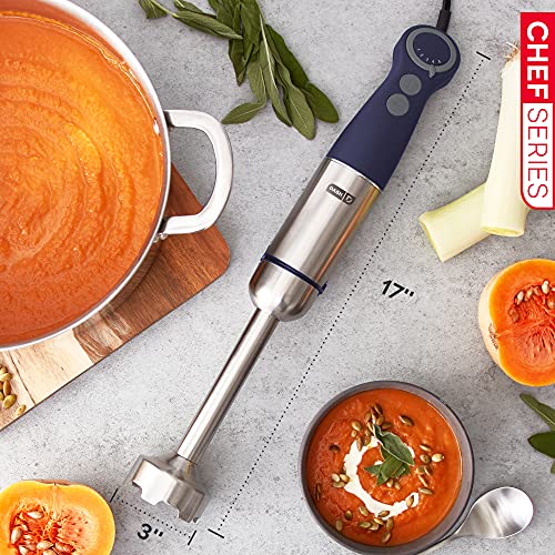 Dash Chef Series Deluxe Immersion Hand Blender, 5 Speed Stick Blender with Stainless Steel Blades, Dough Hooks, Food Processor, Grate, Mash, Slice, Whisk Attachments and Recipe Guide – Midnight