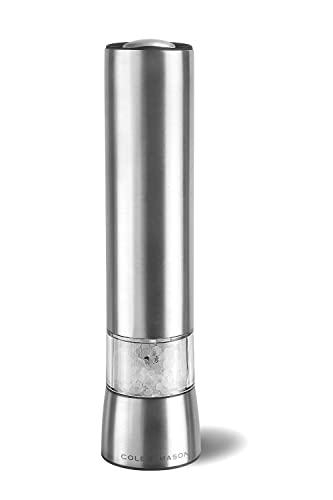 COLE & MASON Hampstead Electric Salt Grinder with LED Light - Electronic Battery Operated Mill, Stainless Steel