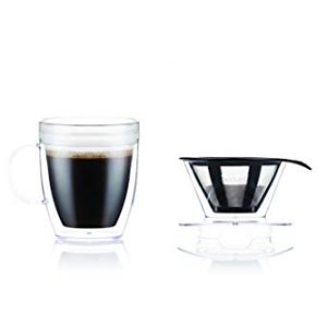 Bodum Pour Over Coffee Dripper Set With Double Wall Mug and Permanent Filter, 12 Ounce, Clear