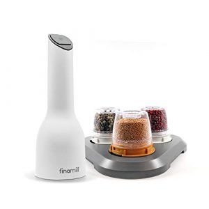 FinaMill - Award Winning Battery Operated Spice Grinder Gift Pack - includes 3 Quick - Change Spice Pods and 1 Stackable Tray - Perfect Gift for any Home Chef_White