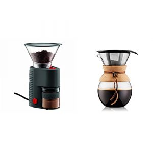 Bodum Bistro Burr Coffee Grinder, 1 EA, Black & 11571-109 Pour Over Coffee Maker with Permanent Filter, Glass, 34 Ounce, 1 Liter, Cork Band