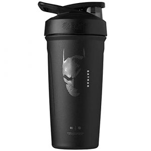 BlenderBottle Justice League Strada Shaker Cup Insulated Stainless Steel Water Bottle with Wire Whisk, 24-Ounce, Batman