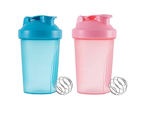 OOTD Shaker Bottle Protein Shakes and 16-Ounce/400ML Shaker Bottle with Wire Whisk Balls,Free of BPA plastic (Blue+Pink(2PCS))