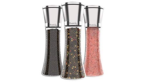 Salt and Pepper Grinder Set of 3 - Salt and Pepper Shakers, Adjustable Ceramic Sea Salt Grinder & Pepper Grinder - Tall Glass Salt and Pepper Shakers - Pepper Mill & Salt Mill