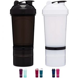 [2 Pack] 20-Shaker Bottle with Attachable Storage Compartments (White & Black - 2 Pack) | 20 Ounce Protein Shaker Cup with Wire Whisk Balls | Attachable Container Storage for Protein or Supplements