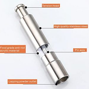 Pepper grinder one hand mill manual press bottle pepper mill grinding stainless steel refillable spice grinder mill for salt pepper and seasoning(5.98x1.06x1.06inches)