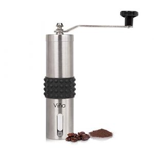 Manual Coffee Grinder Set, Adjustable Ceramic Core, Premium Stainless Steel, Portable Best Burr Mill with Free Handheld Milk Foam Maker Wand by Vina, Scoop & Pouch Bag included