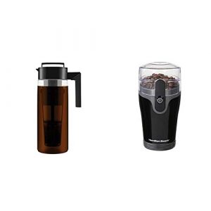 Takeya Patented Deluxe Cold Brew Iced Coffee Maker with Airtight Seal & Silicone Handle, 2 Quart & Hamilton Beach Fresh Grind 4.5oz Electric Coffee Grinder for Beans, Stainless Steel Blades, Black