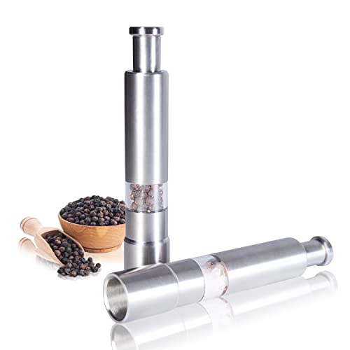 Stainless Steel Salt Grinder & Pepper Mill Set, Mini Manual Spice Shaker, One-Handed Thumb Push Button, Works With Peppercorn, Sea Salt and Himalayan Salt, Comes with Stand