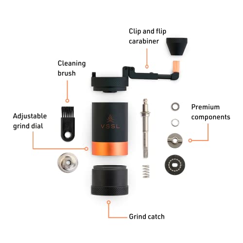 VSSL JAVA Manual Hand Coffee Grinder. 50 adjustable grind settings for Aeropress, French Press, Drip Coffee, Espresso with best-in-class stainless steel burrs. 20g grind capacity.