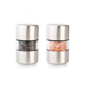 T-mark Premium Sea Salt and Pepper Grinder Set - Spice Mill with Brushed Stainless Steel, Small Portable Ceramic Salt & Pepper Shakers (2-Pack)