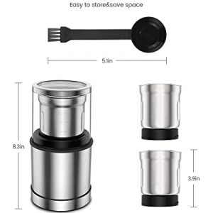 Coffee Grinder Spice Grinder Electric Grinders for Herb, 2 Removable Stainless Steel Grinding Bowls for Wet Dry Ingredients 12 Cups Capacity 200W 120V Silver