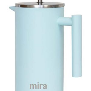 MIRA 34 oz Stainless Steel French Press Coffee Maker with 3 Extra Filters | Double Walled Insulated Coffee & Tea Brewer Pot & Maker | Keeps Brewed Coffee or Tea Hot | 1000 ml (Pearl Blue)