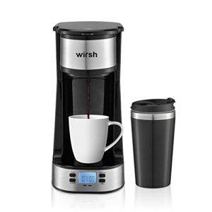 Single Serve Coffee Maker- Wirsh Coffee Maker with Programmable Timer and LCD display, Single Cup Coffee Maker with 14 oz.Travel Mug and Reusable Filter, Black