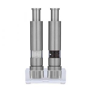 Grind Gourmet Salt and Pepper Grinder Set, Original Pump & Grind Peppermill are Refillable, Modern Thumb Press Grinder, Comes with Black Pepper, Sea Salt and Stand, Works With Himalayan Salts