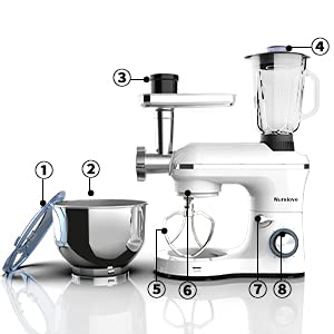 3 in 1 Stand Mixer 850W Kitchen Food Standing Mixer with 6 Speed and Pulse, Home mixer with 6.5 QT Stainless Steel Bowl, Dough Hook, Whisk, Beater, Meat Blender and Juice Extracter White