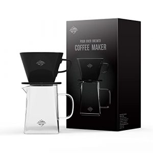 Pour Over Coffee Dripper Set by CrossCreek with Heat-resistance Black Cone Ceramic Dripper, Glass Square Carafe, 30PCS #2 Paper Filters 9917-C001-062