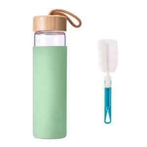 Yomious Borosilicate Glass Water Bottle with Bamboo Lid and Silicone Sleeve - 20 oz – BPA Free – Eco Friendly and Reusable – Leak Proof Design – Carry Strap Built into Lid