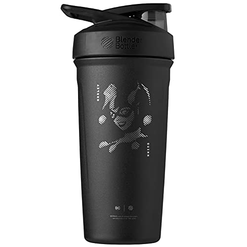 BlenderBottle Justice League Strada Shaker Cup Insulated Stainless Steel Water Bottle with Wire Whisk, 24-Ounce, Harley Quinn