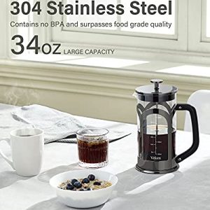 Veken French Press Coffee & Tea Maker, 304 Stainless Steel Heat Resistant Borosilicate Glass Coffee Press, Durable Easy Clean 100% BPA Free, 34oz, Dark Pewter