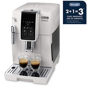 De'Longhi Dinamica Automatic Coffee & Espresso Machine TrueBrew (Iced-Coffee), Burr Grinder + Descaling Solution, Cleaning Brush & Bean Shaped Icecube Tray, White & Water Filter, White - DLSC002