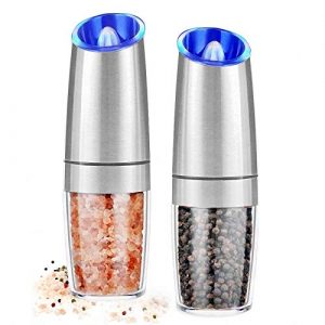 AVNICUD Electric Salt and Pepper Grinder, Automatic Pepper Mill, Gravity Salt Grinder, Battery-Operated with Adjustable Coarseness, LED Light, One Hand Operated (Silver 2Pack)