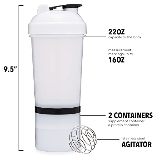 [2 Pack] 20-Shaker Bottle with Attachable Storage Compartments (White & Black - 2 Pack) | 20 Ounce Protein Shaker Cup with Wire Whisk Balls | Attachable Container Storage for Protein or Supplements
