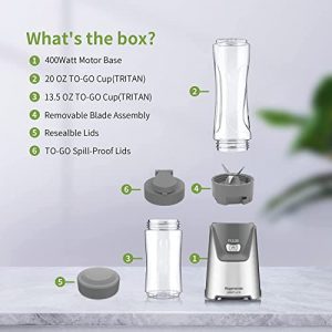 400W Personal Bullet Blender for Shakes and Smoothies, Regenerate Portable Single Serve Small Mixer for kitchen with 2 Tritan BPA-Free Travel Bottles, Stainless Steel