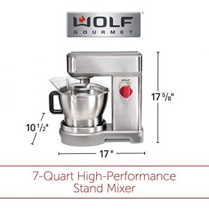 Wolf Gourmet High-Performance Stand Mixer, 7 qrt, with Flat Beater, Dough Hook and Whisk, Brushed Stainless Steel (WGSM100S)