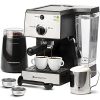 Espresso Machine & Cappuccino Maker with Milk Steamer- 7 pc All-In-One Barista Bundle Set w/ Built-In Milk Frother (Inc: Coffee Bean Grinder, Milk Frothing Cup, Spoon/Tamper & 2 Cups), Silver