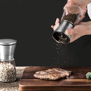 Salt and Pepper Grinder Set of 2, Premium Stainless Steel Spice Mill with Adjustable Coarseness, Ceramic Blades, Refillable Glass Body with 60Z capacity