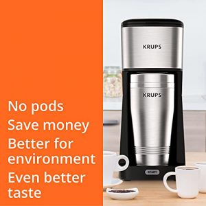 KRUPS Simply Brew to Go Single Serve Drip Coffee Maker with Travel Tumbler Included, 12 fluid ounces, Silver and Black