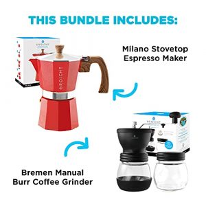 GROSCHE Milano Stovetop Espresso Maker Red 6 espresso cup size and Bremen Manual Coffee grinder Bundle includes moka pot and Grinder