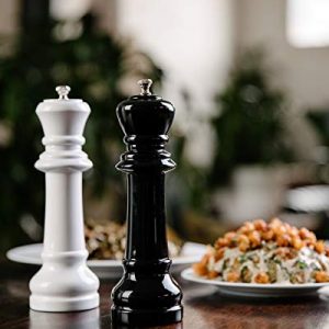 Chesslover Salt and Pepper Grinder Set – Manual Wood Mills with Unique Decorative Chess Design, Adjustable Coarseness, 8 Inch