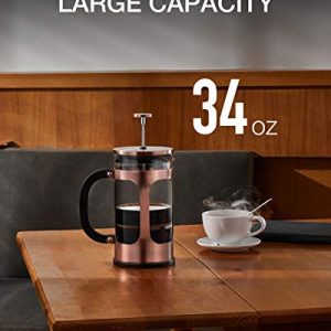 BAYKA French Press Coffee Maker, Glass Classic Copper 304 Stainless Steel Coffee Press, Cold Brew Heat Resistant Thickened Borosilicate Coffee Pot for Camping Travel Gifts, 34 Ounce