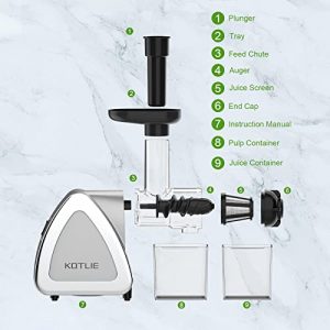 Juicer,KOTLIE Juicer Machine Vegetable and Fruit,Quiet Cold Press Juicer,Masticating Juicer Easy to Clean,High Juice Yield Slow Juicer,Slow Juicer with Two Special Container,Brush,Silver Juice Extractor