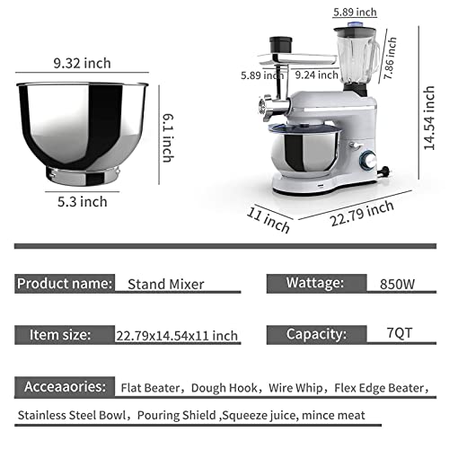 3 in 1 Stand Mixer 6 Speed Tilt-Head Kitchen Standing Mixer with 6.5QT Stainless Steel Bowl, 850W Dough Hook Whisk Beater, Meat Blender and Juice Extractor Silver